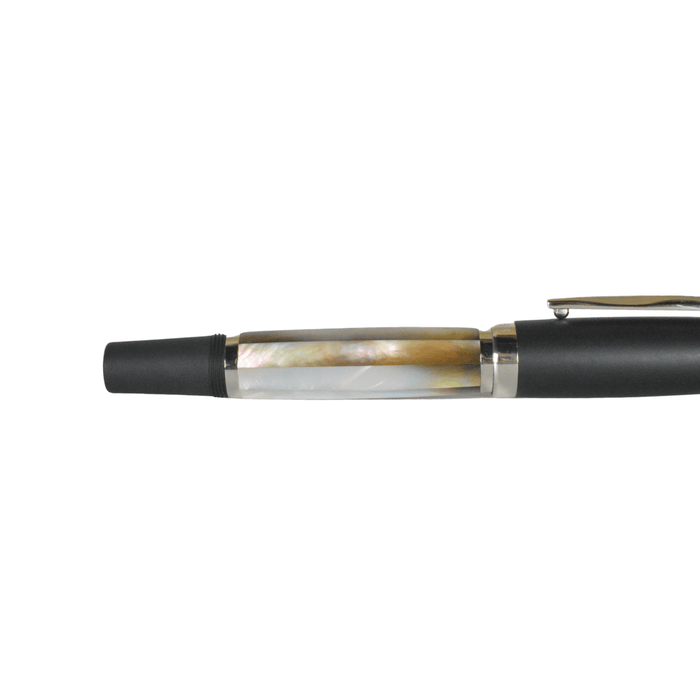 Opus 88 fountain pen with extra-fine nib featuring a black mother of pearl shell cap and body, elegant and luxurious writing instrument
