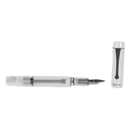 Opus 88 Demo fountain pen with an extra-fine nib, featuring a sleek black design and transparent sections showcasing the ink refill mechanism.