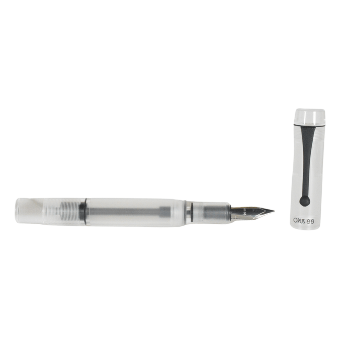 Opus 88 Demo fountain pen with an extra-fine nib, featuring a sleek black design and transparent sections showcasing the ink refill mechanism.
