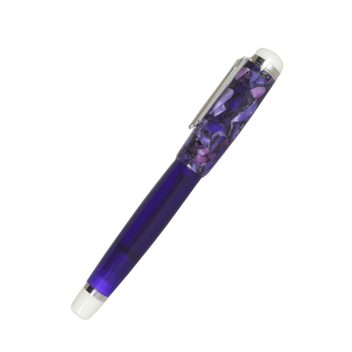 Opus 88 Omar Purple fountain pen with gold accents and transparent purple resin body, showcasing a fine nib and elegant design.