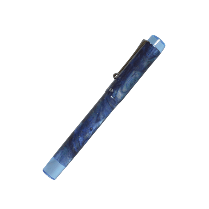 Opus 88 Sapphire Demo fountain pen with extra-fine nib, showcasing the transparent blue resin body and gold accents.