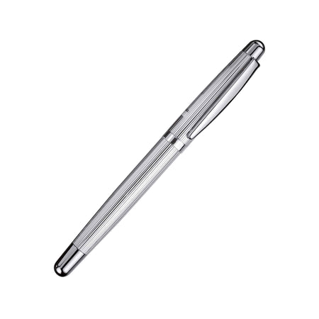 Otto Hutt Design 02 Pinstripe Fountain Pen with sleek black and silver finish, extra-fine nib, elegant writing instrument.