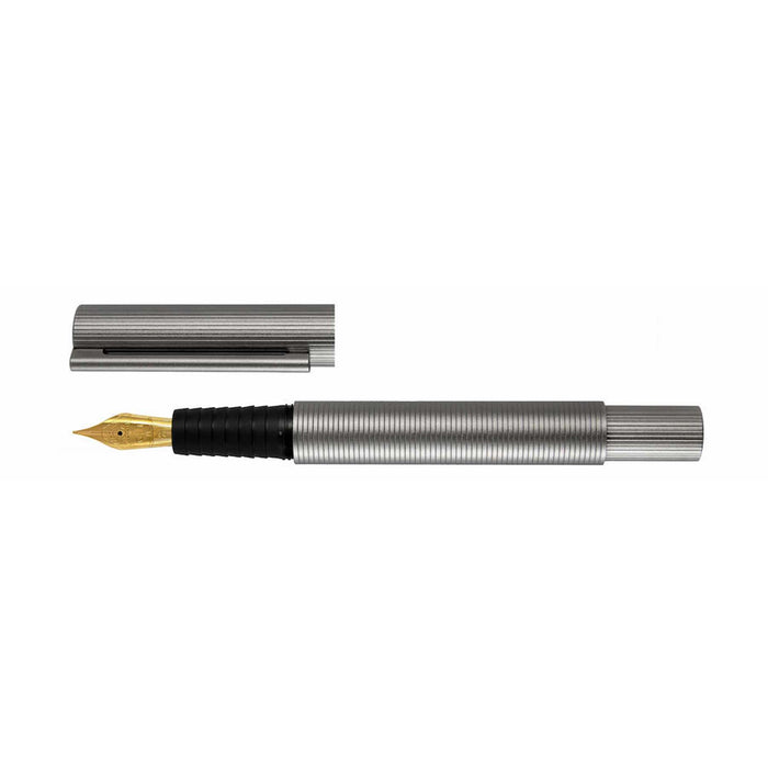Otto Hutt Design 08 Ruthenium Plated Fountain Pen with fine nib, sleek design, and polished finish, displayed on a neutral background.