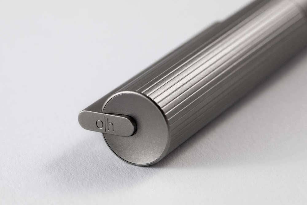 Otto Hutt Design 08 Ruthenium Plated Fountain Pen with fine nib, showcasing sleek metal finish and elegant craftsmanship.