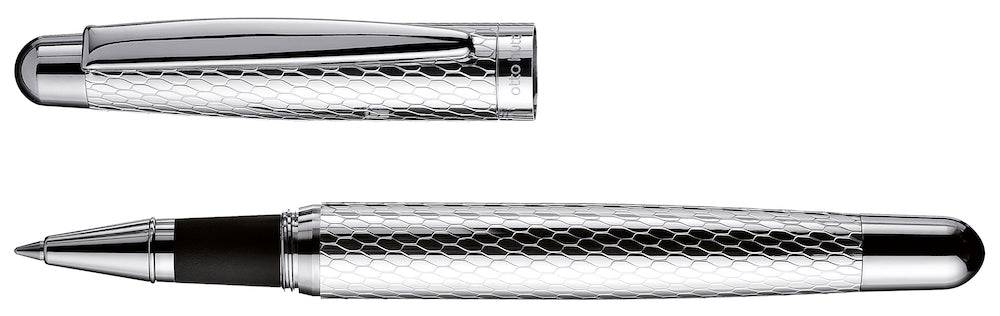 Otto Hutt Design 02 Honeycomb rollerball pen with sleek black and gold accents, close-up view of the stylish writing instrument.