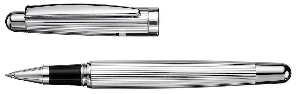 Otto Hutt Design 02 Pinstripe rollerball pen with sleek black and silver striped finish, featuring a modern, elegant writing instrument.