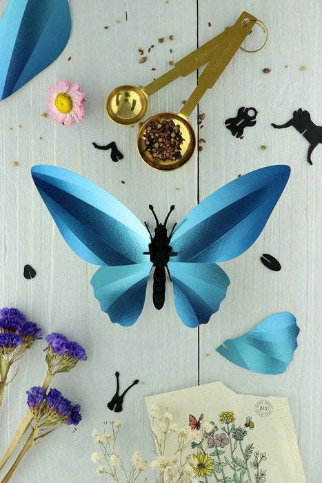 Glossy blue paper Birdwing Butterfly craft by Assembli, showcasing detailed, handcrafted paper wings and intricate design.