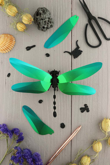 Glossy Caribbean green paper Anisoptera dragonfly craft by Assembli, showcasing detailed paper wings and delicate design.