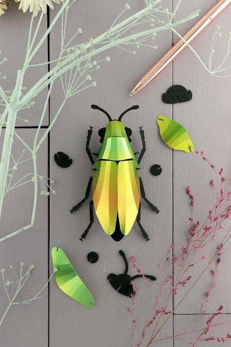 Assembli Paper Jewel Beetle craft made from mango green paper, showcasing detailed and colorful paper art design.
