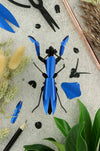Red metal paper praying mantis craft by Assembli, featuring detailed wings and body made from textured paper material.