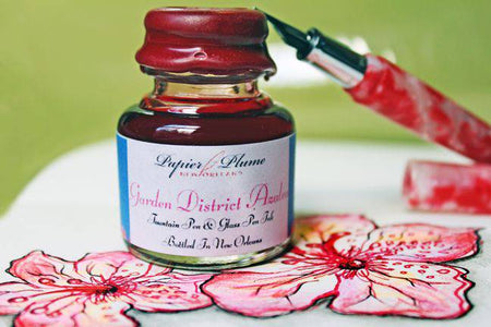 Papier Plume New Orleans Collection Fountain Pen Ink in Garden District Azalea, vibrant pink ink bottle with label.
