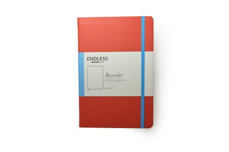 Endless Recorder journal by Endless with crimson sky cover and blank pages, ideal for note-taking and creative writing.