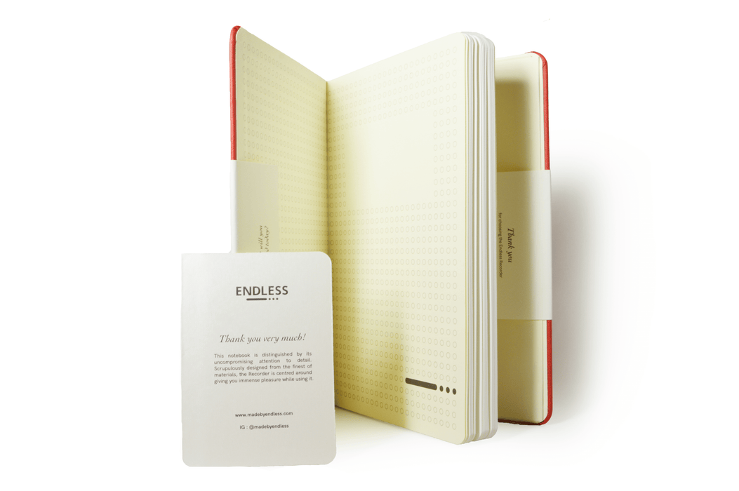Endless Recorder Notebook with crimson sky cover, blank journal for writing and note-taking, featuring a sleek design and durable cover.