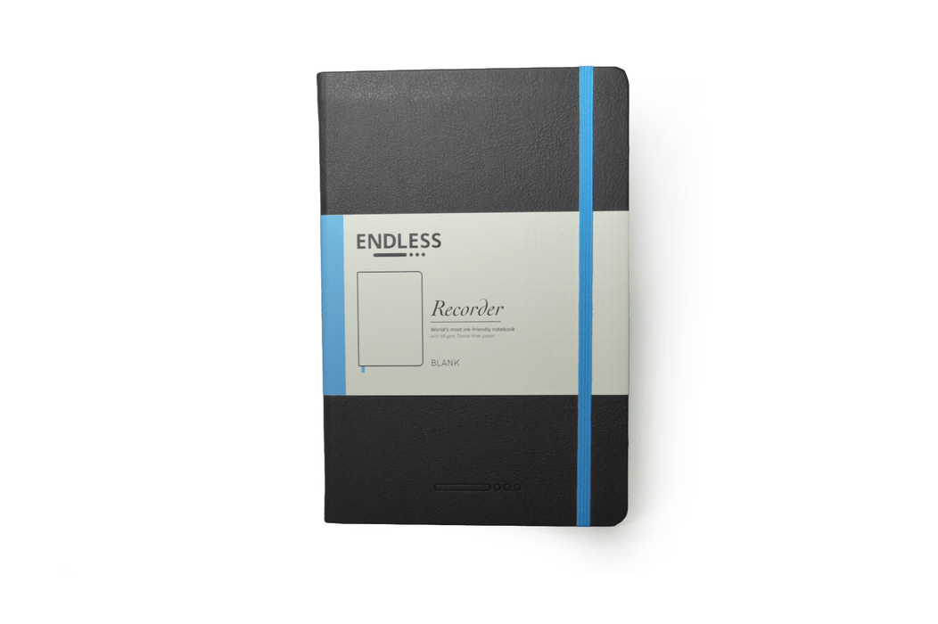Endless Recorder journal with crimson sky cover, blank pages, and textured paper for writing and note-taking.