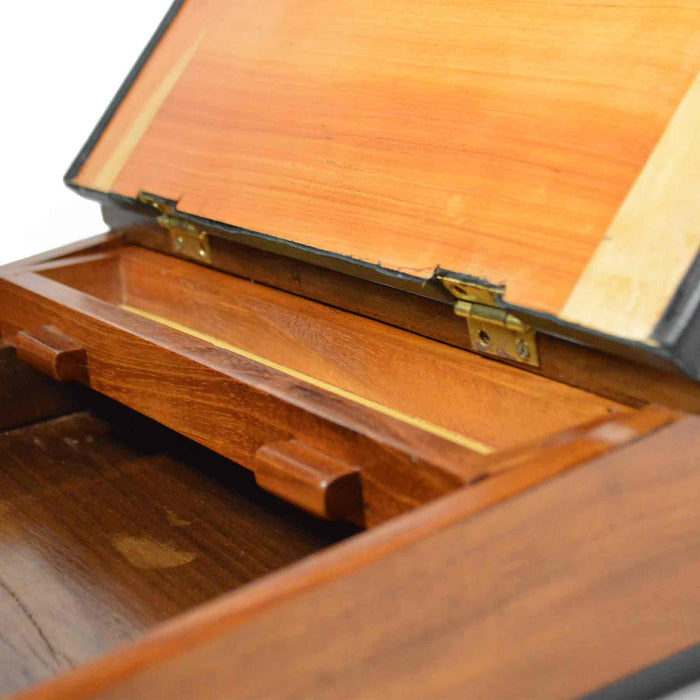 Wooden lap desk with walnut finish and leather accents, designed for comfortable work or writing on a desk or sofa.