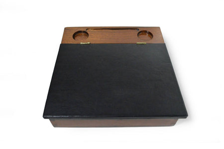 Wooden lap desk with walnut finish and leather accents by Papier Plume, ideal for comfortable work or writing sessions.