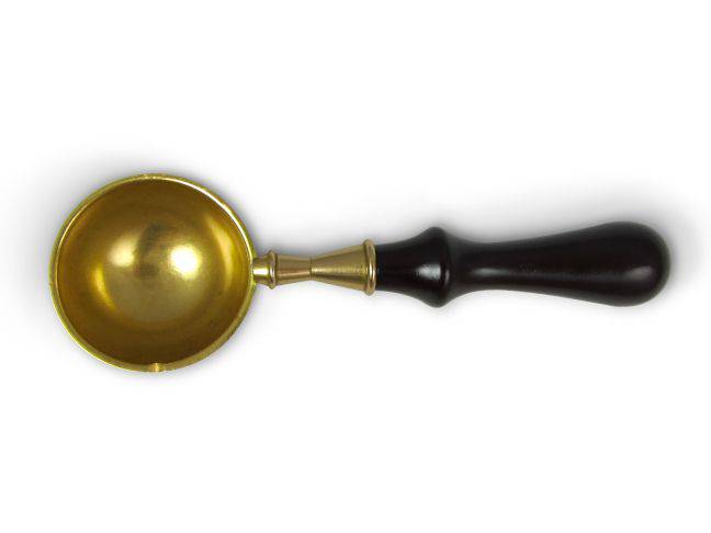 Large Papier Plume melting spoon with a smooth, rounded metal bowl and wooden handle for melting wax or chocolate.