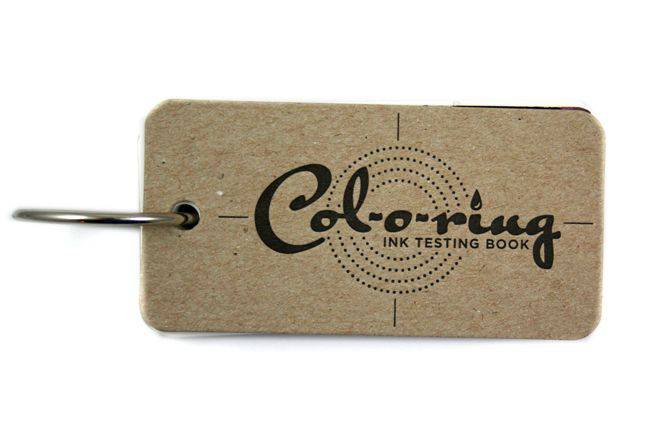 Col-O-Ring Ink Testing Book showing pages with ink samples and testing sections for evaluating ink color and quality.