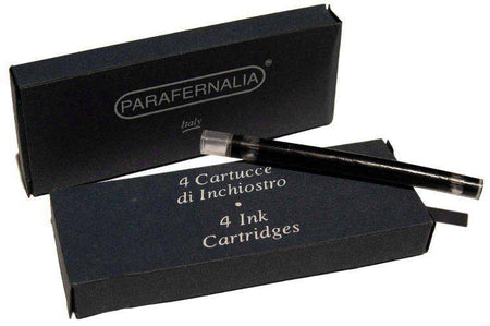 Black Parafernalia Fountain Pen Ink Cartridge from Parafernalia Pens, showing the compact ink cartridge for fountain pens.