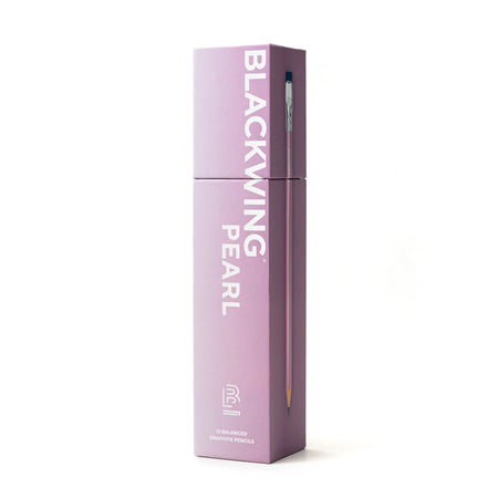 Blackwing Pearl Pink pencils, high-quality writing instruments with sleek pink and blue design, shown in their new packaging.