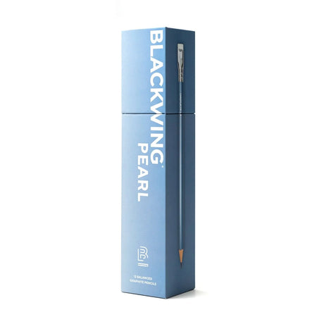 Blackwing Pearl blue pencils in packaging, featuring sleek black and pearl blue design, ideal for writing and drawing.
