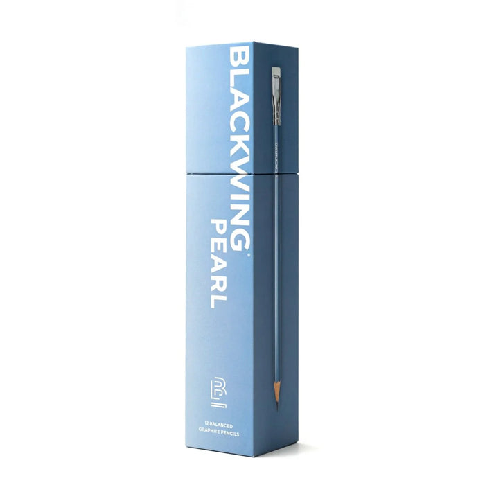 Blackwing Pearl blue pencils in packaging, featuring sleek black and pearl blue design, ideal for writing and drawing.