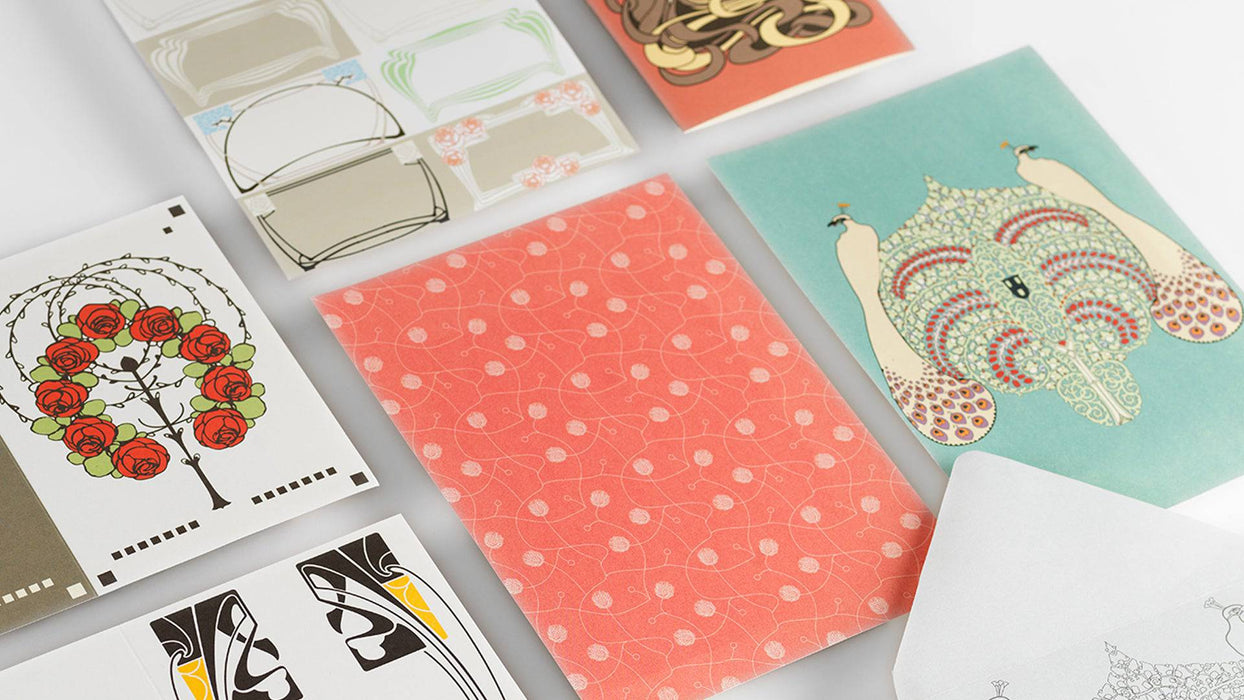Pepin Press Art Nouveau correspondence set featuring vintage-style stationery and matching envelopes with floral patterns.