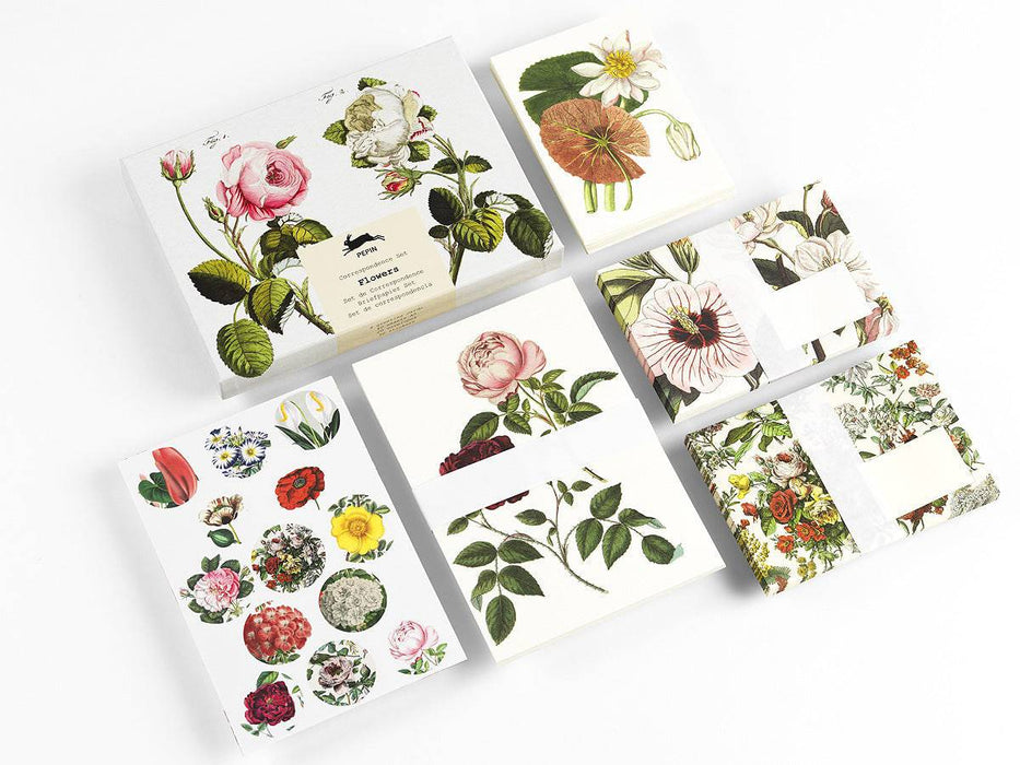 Pepin Press correspondence set featuring floral-themed stationery with letter papers and envelopes for elegant correspondence.