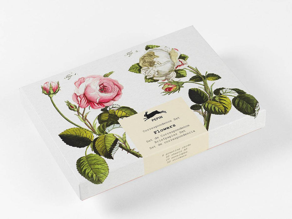 Pepin Press correspondence set featuring floral-themed stationery with colorful flower illustrations on paper sheets.