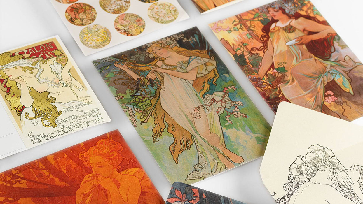Pepin Press correspondence set featuring artwork by Mucha, includes vintage-style stationery for writing and note-taking.