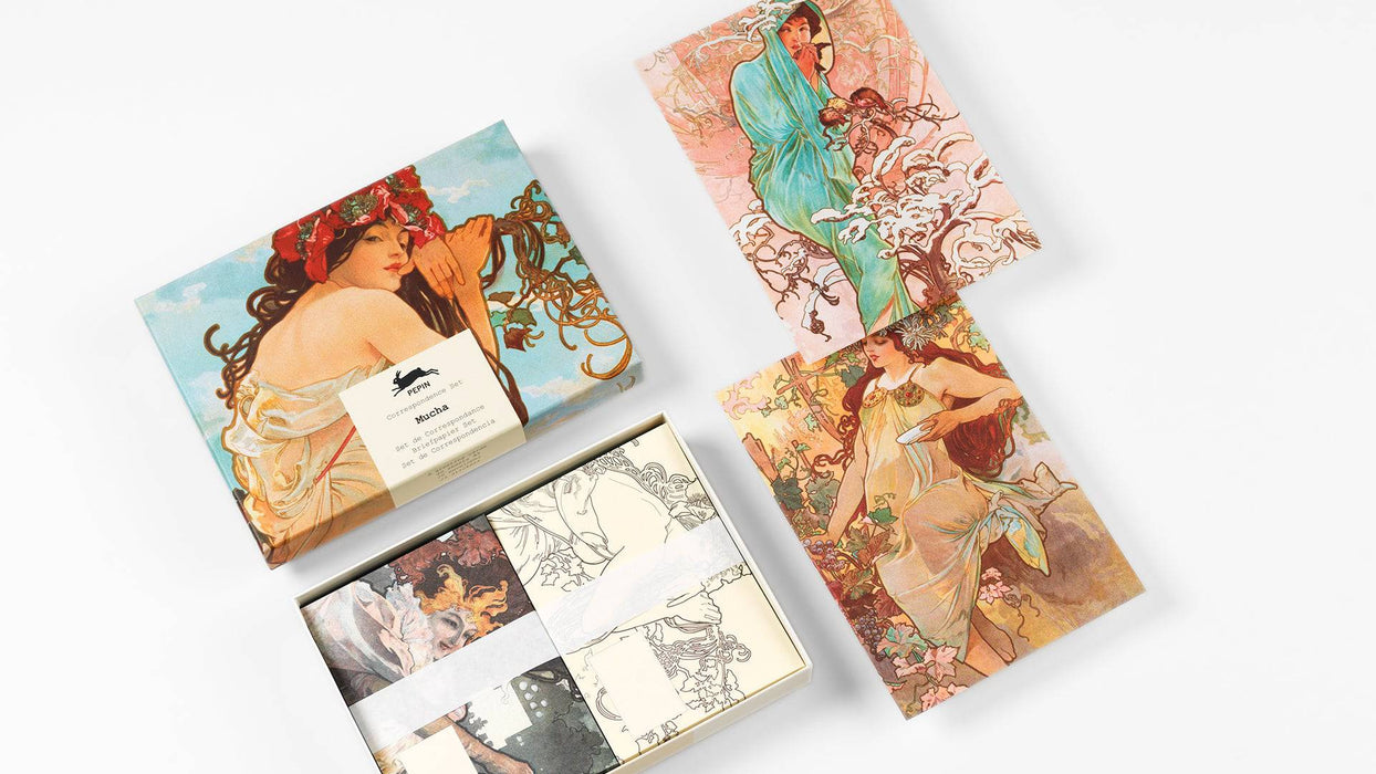 Pepin Press correspondence set featuring Art Nouveau designs inspired by Mucha, includes vintage-themed stationery items.