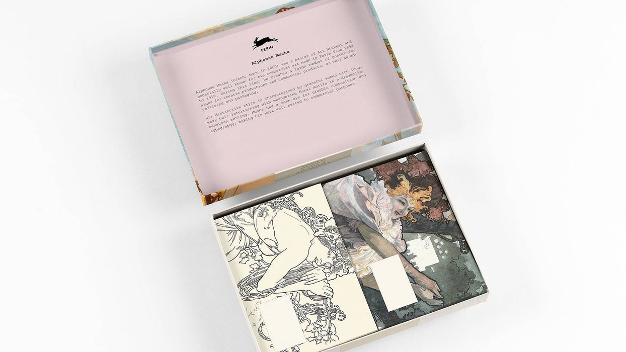 Pepin Press Correspondence Set featuring artwork inspired by Mucha, including vintage-style stationery and matching envelopes.