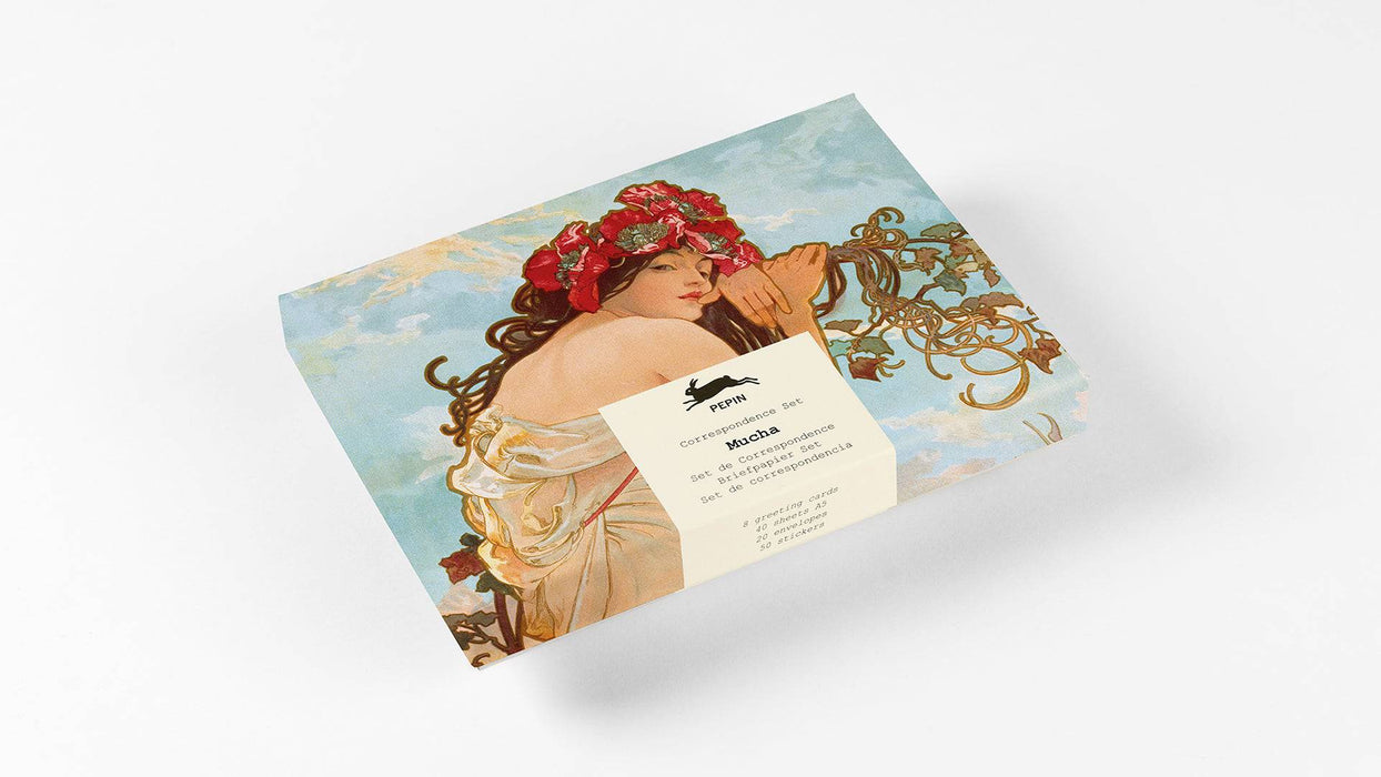 Pepin Press correspondence set featuring art from Mucha, includes vintage-style stationery and writing paper with decorative designs.