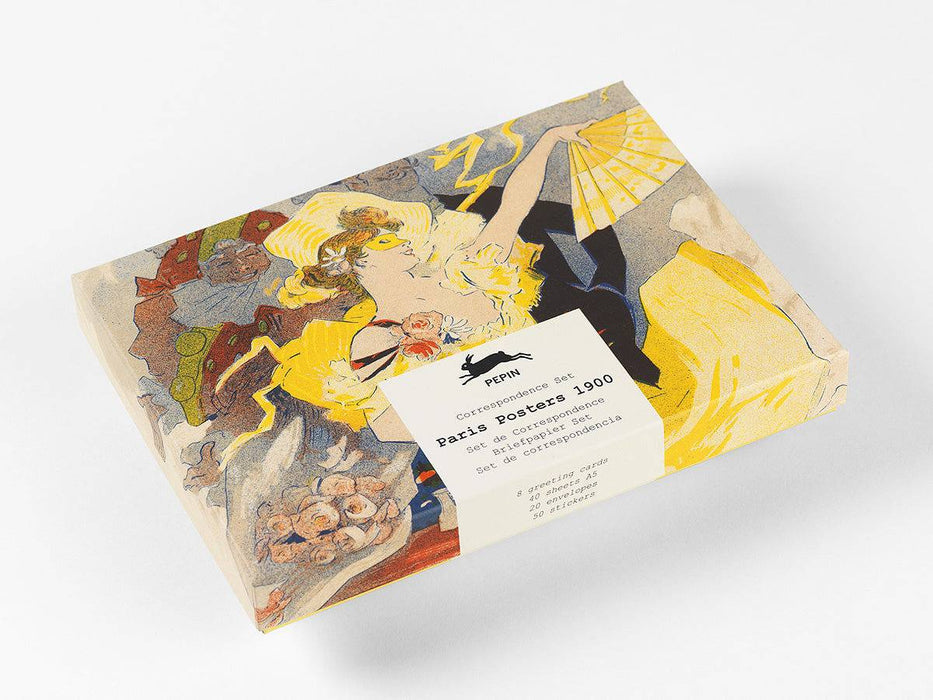 Pepin Press correspondence set featuring vintage Paris posters from 1900, with illustrated postcards and letter paper for writing.