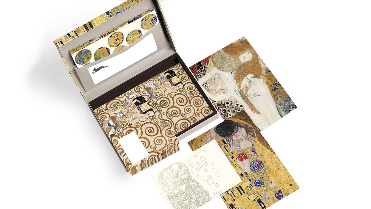 Pepin Press Gustav Klimt letter writing set with decorative paper and envelopes featuring Klimt's iconic artwork.