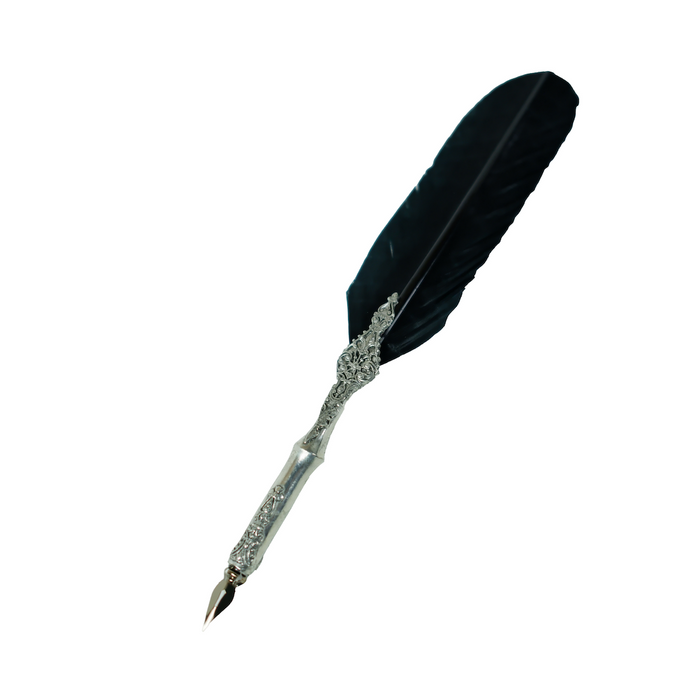 Le Potier D'Etain feather ink quills with pewter filigree, black feather tips, and intricate metal detailing for writing elegance.