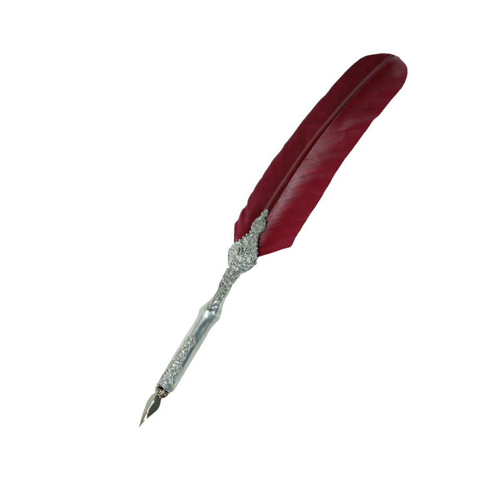 Le Potier D'Etain feather ink quills with pewter filigree in burgundy, showcasing detailed craftsmanship and elegant design.