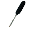 Le Portier D'Etain feather ink quills with pewter Fleur de Lis design, showcasing elegant black feather tips and intricate metal detailing.