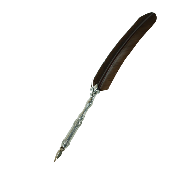 Le Portier D'Etain feather ink quills with pewter Fleur de Lis detail, crafted by Le Potier D'Etain, displayed on a neutral background.
