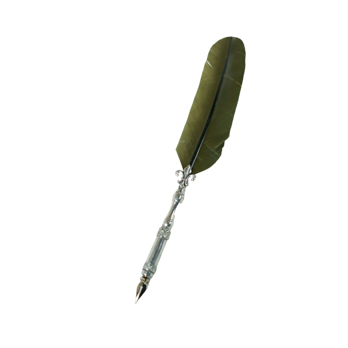 Dark green pewter ink quill with Fleur de Lis design from Le Portier D'Etain, featuring elegant feather and intricate detailing.
