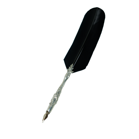 Le Potier D'Etain feather ink quills with a pewter flower design, featuring black feather tips for elegant writing tools.