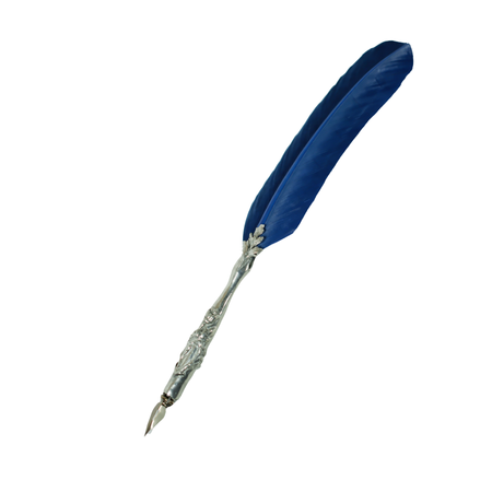 Le Potier D'Etain feather ink quills with pewter flower detail, showcasing elegant blue feathers and ornate metal accents.