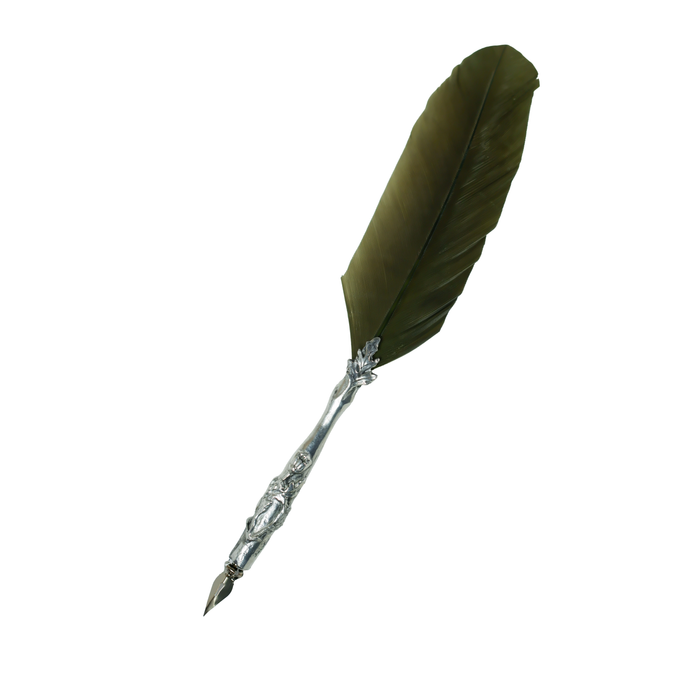 Le Potier D'Etain feather ink quills with pewter flower decoration, dark green feather, elegant writing accessories