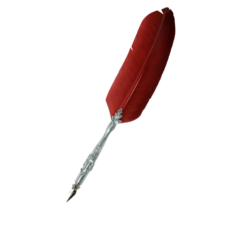 Le Potier D'Etain feather ink quills with pewter flower design, featuring red feather tips and detailed pewter accents.