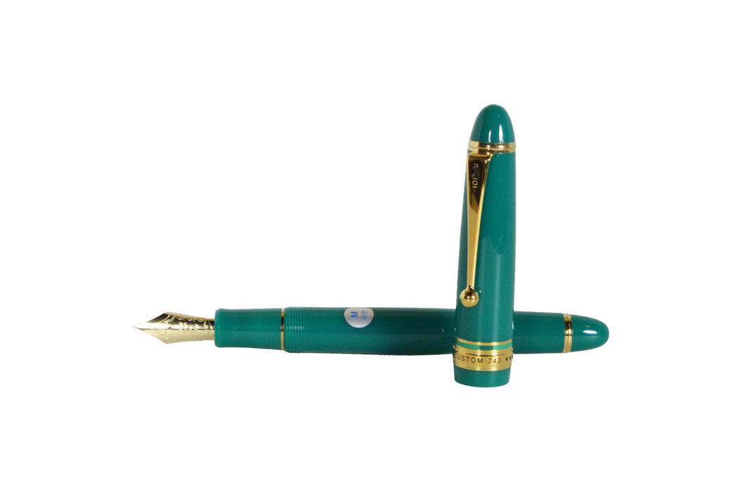 Pilot Custom 743 fountain pen in verdigris with an extra-fine nib, US exclusive, featuring a sleek, elegant design.