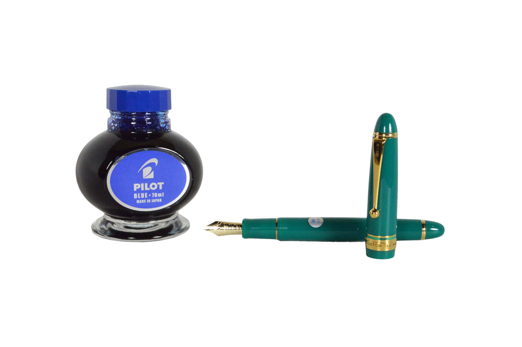 Pilot Custom 743 fountain pen in verdigris finish, US exclusive, with extra-fine nib, showcasing its elegant design and craftsmanship.