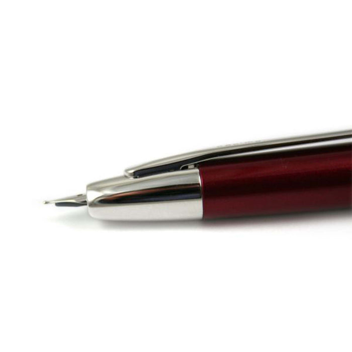 Pilot Vanishing Point Decimo fountain pen in burgundy with a sleek design and fine nib, showcasing its elegant exterior.