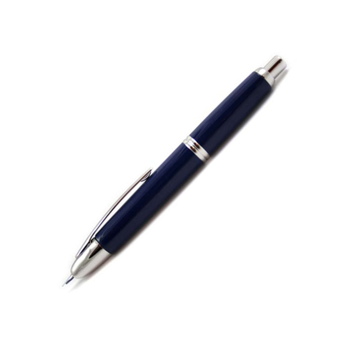 Blue Pilot Vanishing Point fountain pen with gold clip and fine nib, featuring sleek, retractable design and smooth ink flow.