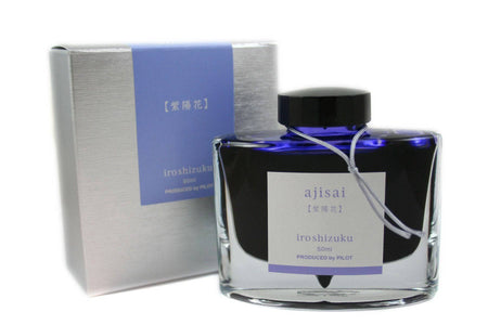 Pilot Iroshizuku Ajisai fountain pen ink in 15ml bottle, vibrant hydrangea-colored ink for writing and calligraphy.