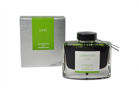 Pilot Iroshizuku Chikurin fountain pen ink in a 50ml bottle, vibrant yellow-green ink for writing and calligraphy.